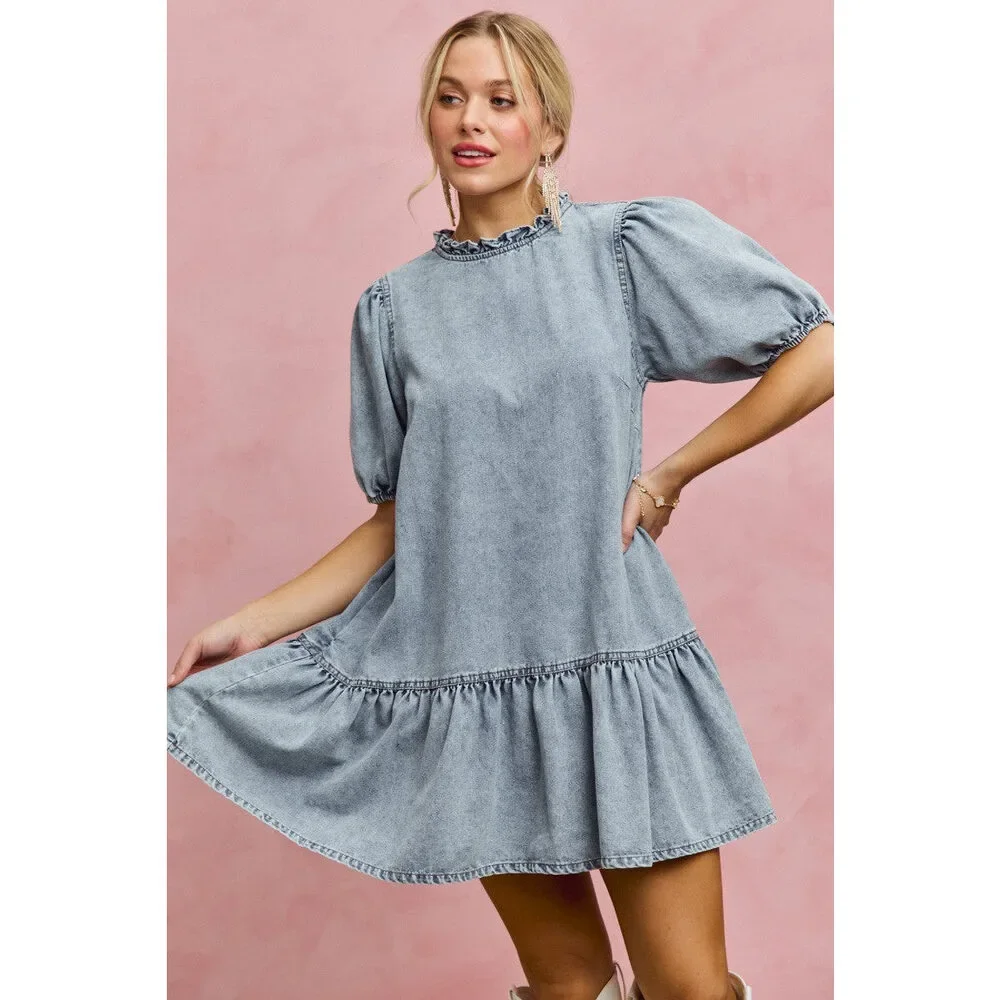 SO ME Denim Short Sleeves Mini Tiered Dress - Picture 4 of 15